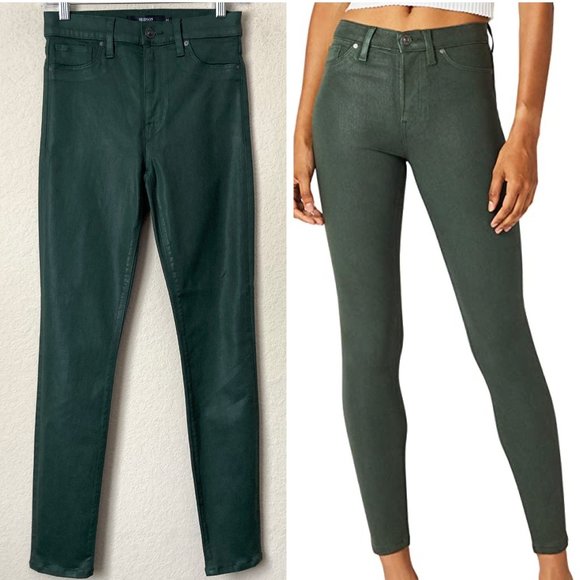 Hudson Jeans Denim - Hudson Coated Hunter Green Barbara High Waist Super Skinny Ankle Jeans